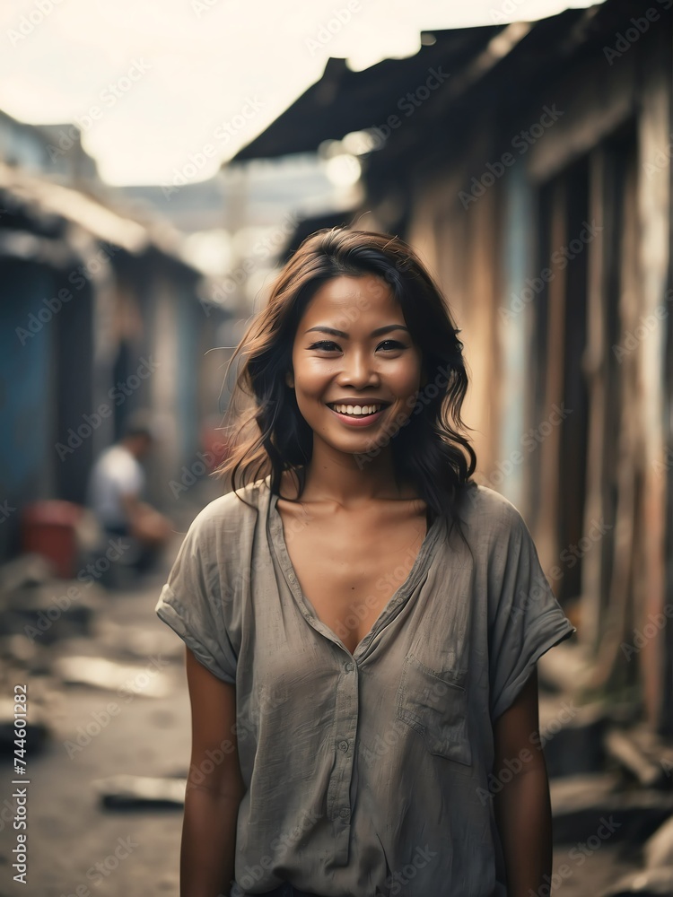Portrait of smiling filipino woman on poor slums area background from Generative AI