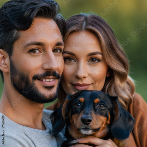 Couples posing hugging their dogs