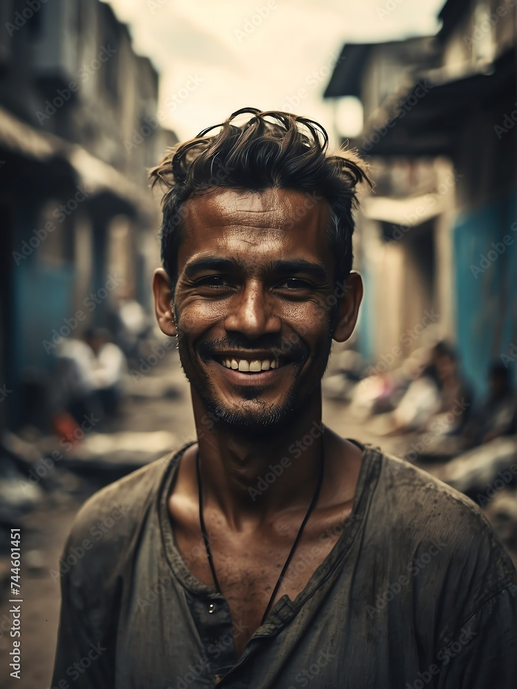 Portrait of smiling man on poor slums area background from Generative AI