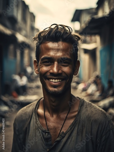 Portrait of smiling man on poor slums area background from Generative AI