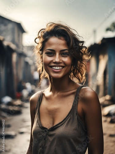 Portrait of smiling woman on poor slums area background from Generative AI © sevenSkies