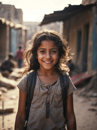 Portrait of smiling young arab kid girl on poor slums area background from Generative AI