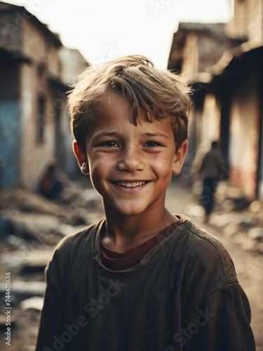 Portrait of smiling young caucasian kid boy on poor slums area background from Generative AI