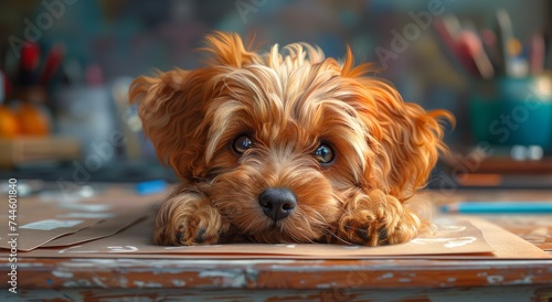 A loyal and loving yorkipoo companion dog, with its soft brown fur and playful energy, rests peacefully on an indoor table, embodying the true essence of a beloved family pet photo