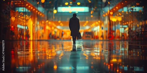 A solitary figure navigates the dark city streets  their form illuminated by the amber glow of streetlights reflecting off the wet pavement