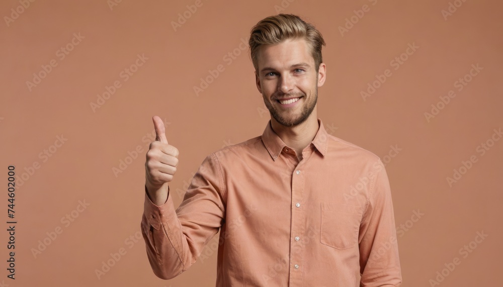 A man with a casual beard in a salmon-colored shirt shows approval with a thumbs up. His relaxed style and pleasant smile portray a comfortable and positive vibe. A man with a casual beard in a salmon-colored shirt shows approval with a thumbs up. His relaxed style and pleasant smile portray a comfortable and positive vibe.