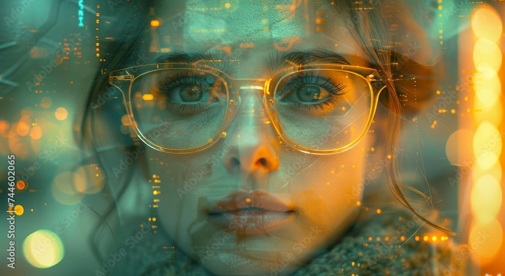 A captivating portrait of a bespectacled woman, her human face exuding confidence and intelligence, invites viewers to explore the complexities of femininity and identity A captivating portrait of a bespectacled woman, her human face exuding confidence and intelligence, invites viewers to explore the complexities of femininity and identity