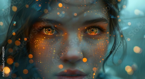 A mysterious woman with a head covering and glowing eyes gazes intensely at the viewer, her human face exuding a mix of curiosity and enigma photo