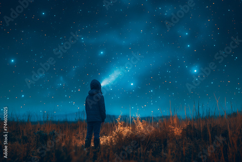 The boy looks up into the night sky, the evening starry sky. photo
