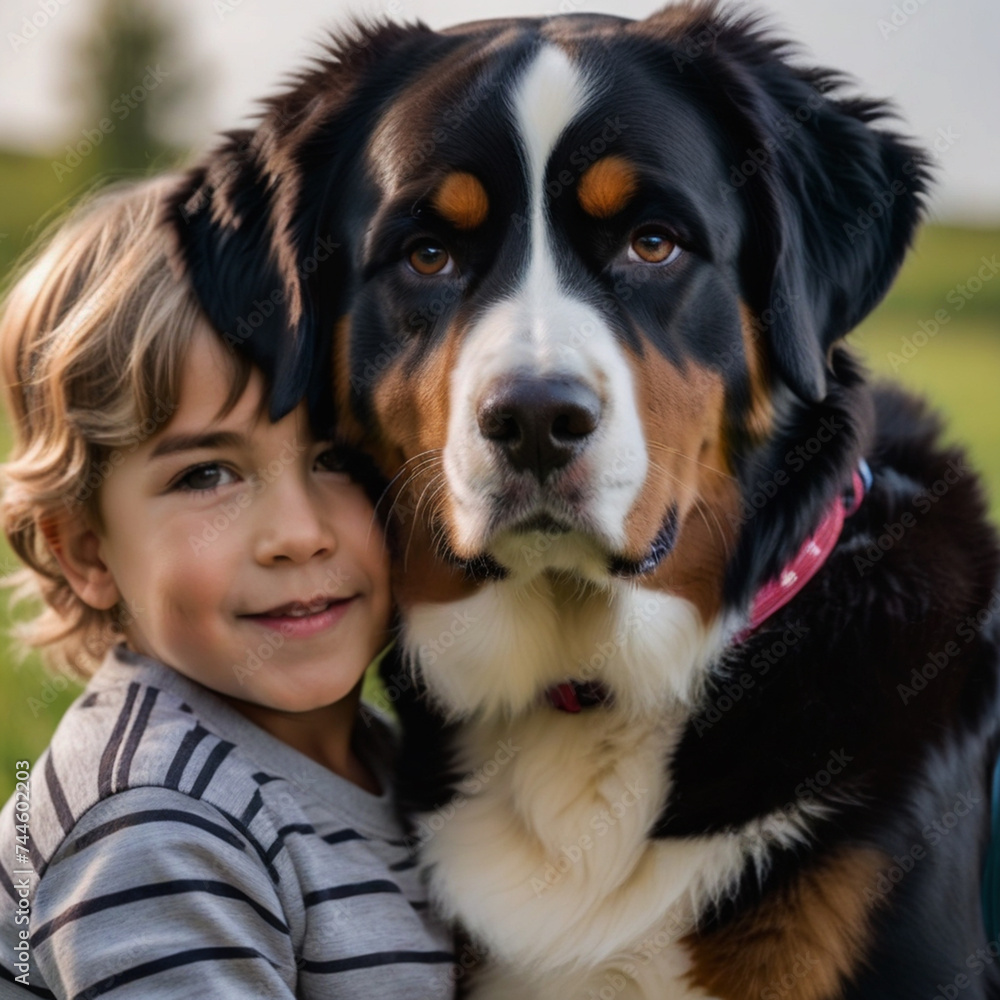 A kid poses with his Greater swiss mountain dog in the garden and hugs him affectionately A kid poses with his Greater swiss mountain dog in the garden and hugs him affectionately