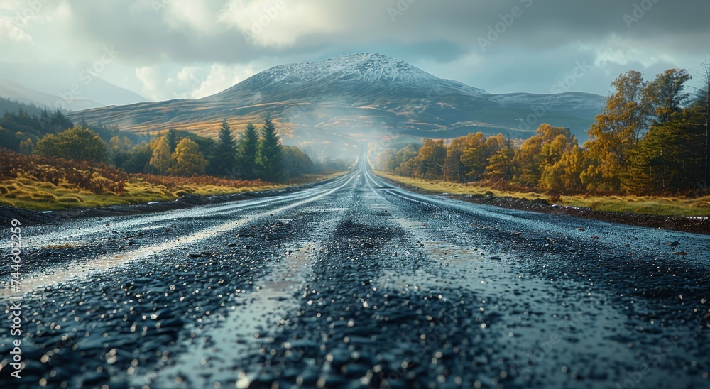 A solitary road winds through a misty landscape of autumn trees and rugged mountains, under a moody sky and rain-kissed clouds