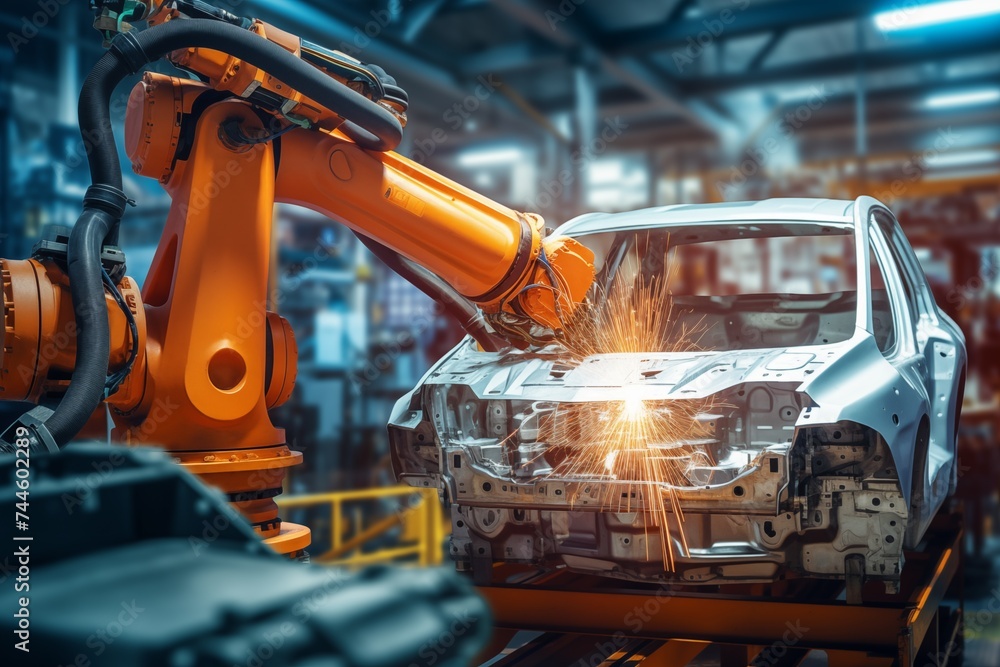 car factory machinery at work amidst automatic robot car factory machinery at work amidst automatic robot