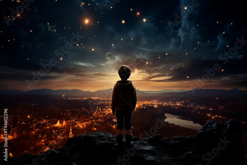 The boy looks up into the night sky  the evening starry sky.