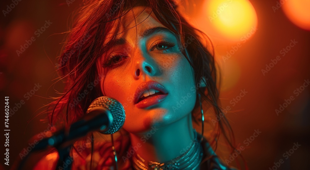 A captivating woman passionately pours her soul into the microphone, her hair swaying to the rhythm of the music at the electrifying concert A captivating woman passionately pours her soul into the microphone, her hair swaying to the rhythm of the music at the electrifying concert