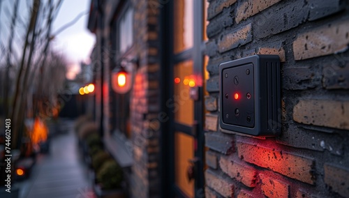 A lone black box stands out against the brick wall, its red lights piercing through the winter dusk as the city street and sidewalk fade into the alley, a stark contrast against the darkening sky photo