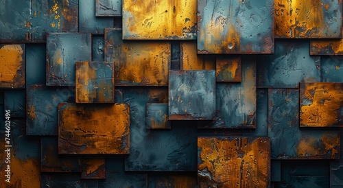 A vibrant and corroded display of metallic squares adorns a weathered wall  evoking a sense of abstract beauty and decay