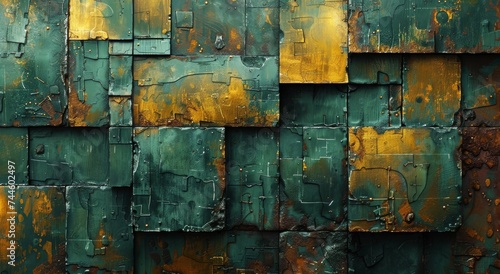 A vibrant, corroded metal canvas, bursting with hues of green and yellow, evoking a sense of eclectic beauty and decay