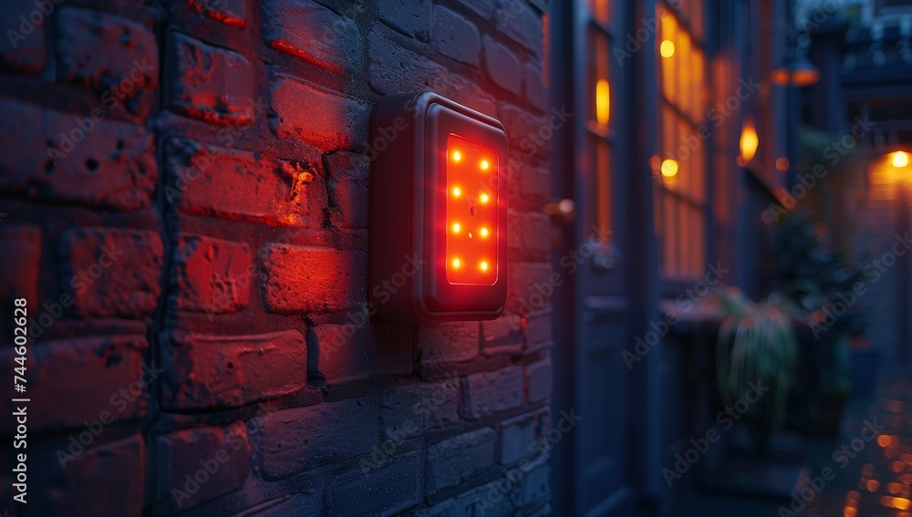 A solitary red light illuminates the dark city street, casting an eerie glow against the rugged brick building A solitary red light illuminates the dark city street, casting an eerie glow against the rugged brick building