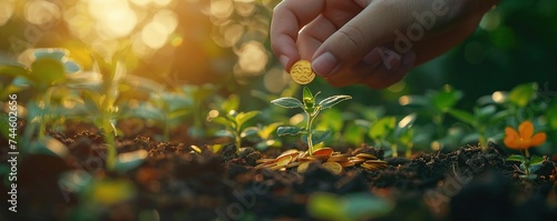Hand placing golden coins in a seedling pot under sunlight, metaphor for growth in investment returns