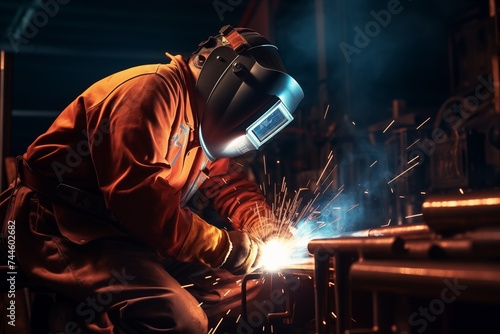 Industrial metal worker in factory sparks fly as they weld steel with arc welder  