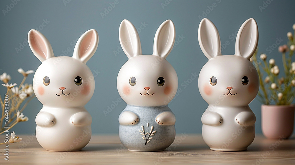 Cute kawaii rabbits toy bunny figurines in front of datk grey background. Horizontal easter banner. Cute kawaii rabbits toy bunny figurines in front of datk grey background. Horizontal easter banner.