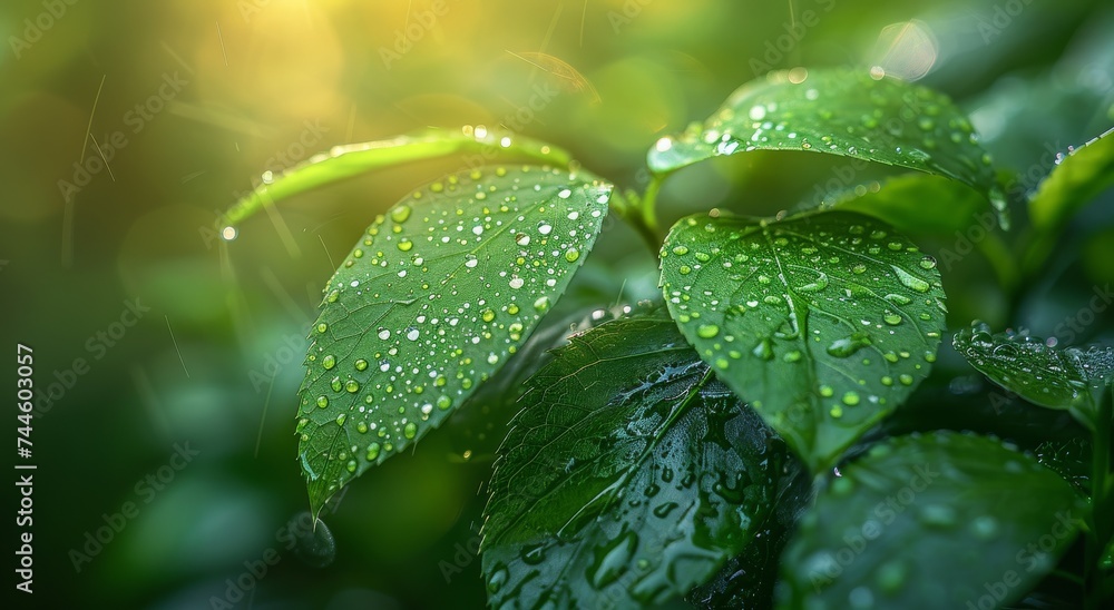 A mesmerizing glimpse into the beauty of nature, capturing the delicate moisture of dew on vibrant green leaves in the great outdoors A mesmerizing glimpse into the beauty of nature, capturing the delicate moisture of dew on vibrant green leaves in the great outdoors