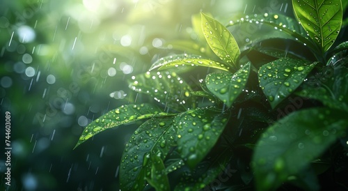 A glistening moment captured in nature, as water droplets delicately cling to the lush green leaves, reflecting the refreshing essence of rain photo
