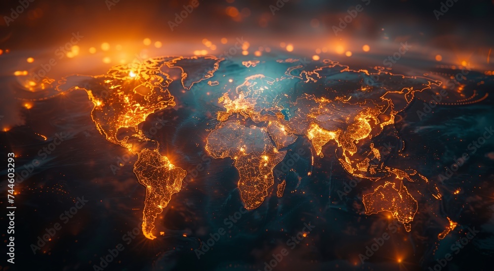 A glowing map illuminates the world's natural beauty, highlighting the fiery heat of volcanoes and the warm amber glow of nature's light