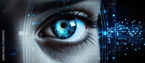 Blue eye with digital display; biometrics and access concept; double exposure. #744603232