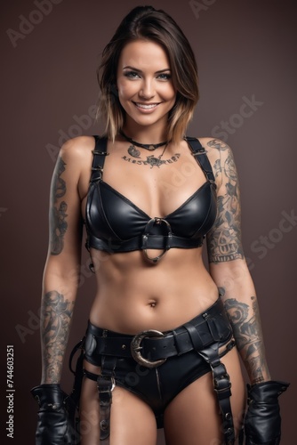 A confident, tattooed woman dressed in a black leather outfit with boots, standing with hands on her hips. © OlScher