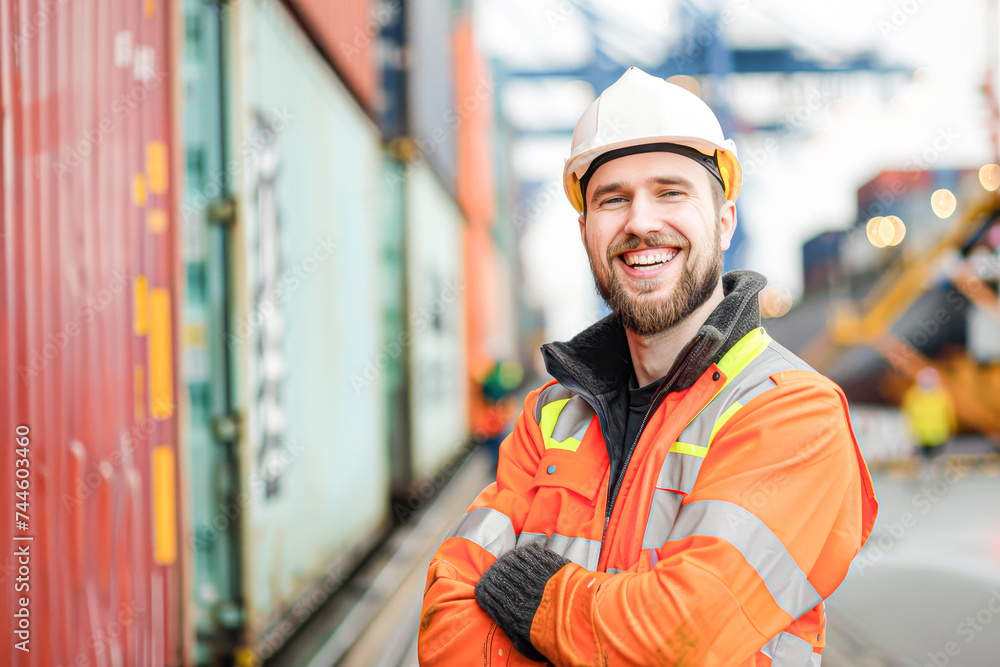 Smiling worker in safety gear at shipping port with cargo containers in background. Smiling worker in safety gear at shipping port with cargo containers in background.