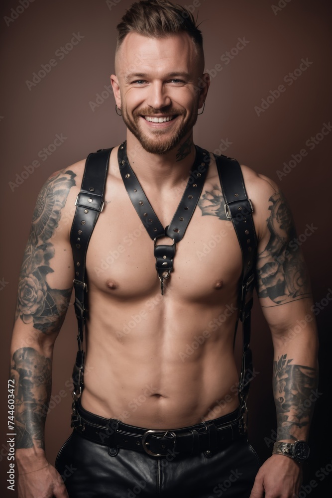A shirtless man with tattoos wearing a black leather harness.