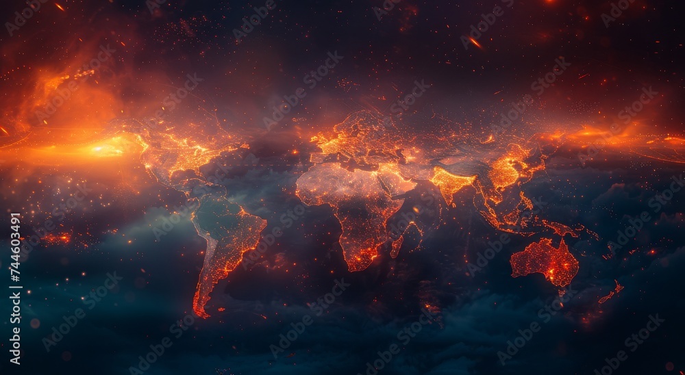 In a fiery universe, a map reveals the chaotic beauty of a lava-filled world, where swirling clouds dance among erupting volcanoes and distant nebulae paint the sky with vibrant hues - obrazy, fototapety, plakaty 