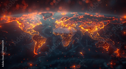 The vibrant glow of fiery orange lights illuminates a detailed map of the world, highlighting the raw power and untamed beauty of nature's volcanic forces