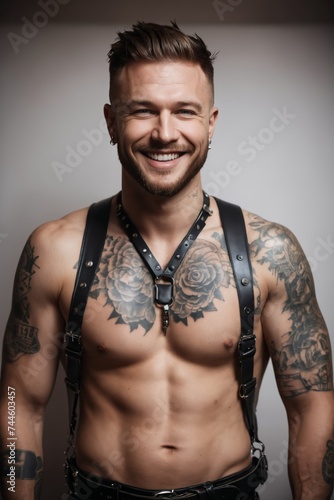 A shirtless man with tattoos on his chest and arms, wearing leather harness and smiling.