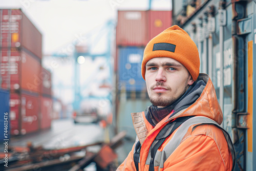 Smiling worker in safety gear at shipping port with cargo containers in background. © Kowit