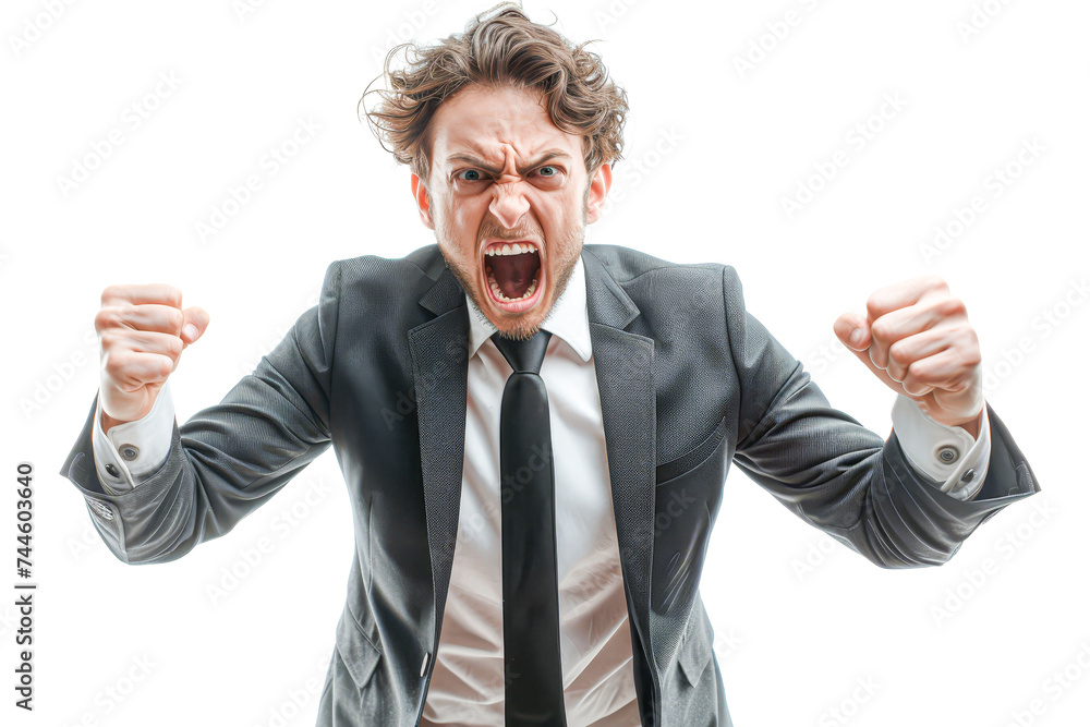 Young businessman in a suit screaming, expression of stress, frustration, or announcement. Young businessman in a suit screaming, expression of stress, frustration, or announcement.