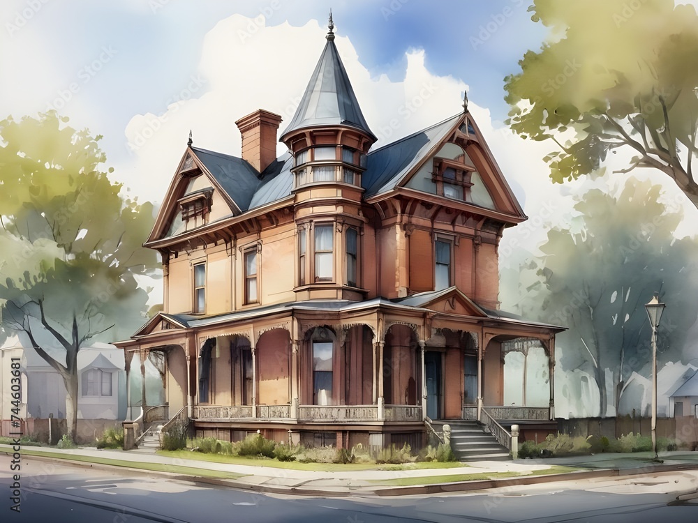 Beautiful Victorian style house in watercolor. Color the old city. 