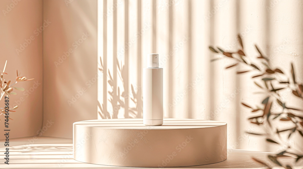 Serene spa setting with white cosmetic bottles and natural greenery casting soft shadows in a tranquil environment. Serene spa setting with white cosmetic bottles and natural greenery casting soft shadows in a tranquil environment.
