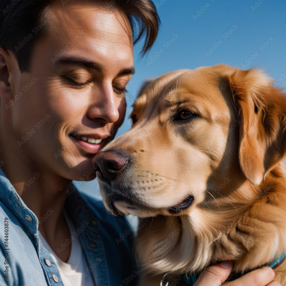 Young man poses hugging his dog Young man poses hugging his dog