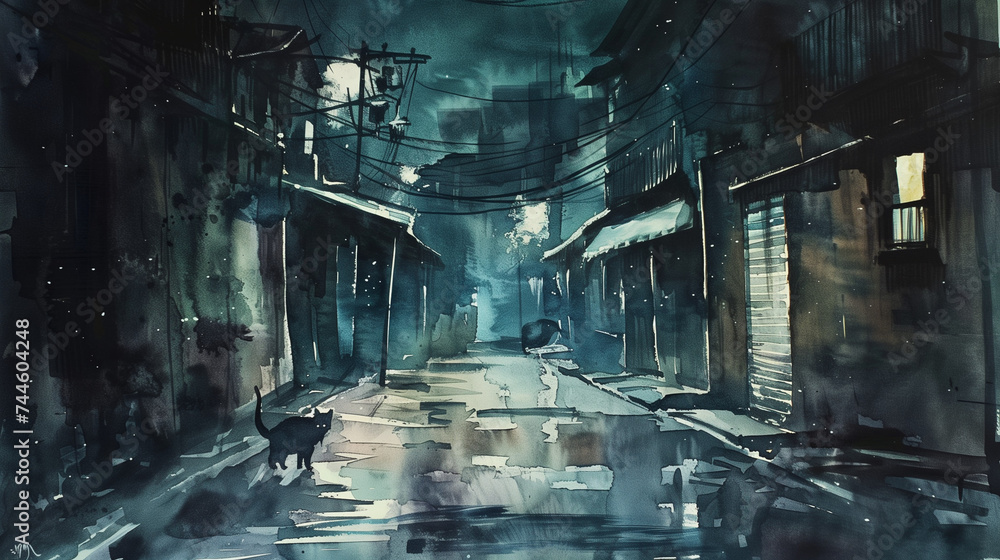 Watercolor painting of several cats out on the streets on a dark, mysterious night in the city