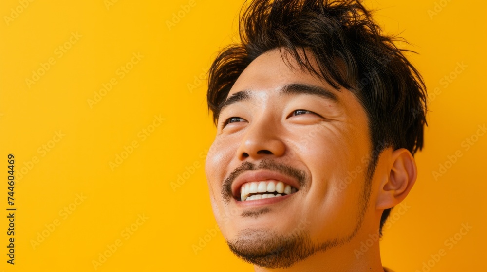Portrait of a happy South Korean man on a yellow background smiling at the camera with copy space - obrazy, fototapety, plakaty 