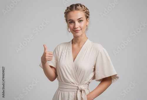 An elegant woman in a cream wrap dress making a thumbs up sign. Her soft look and positive gesture suggest grace and agreeability.