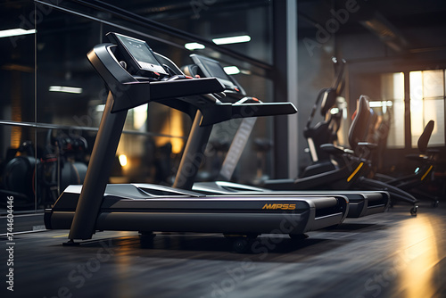 Modern gym interior with rows of treadmills. 3d rendering