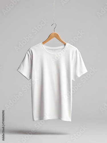 White t-shirt hanging on a wooden hanger Mockup.