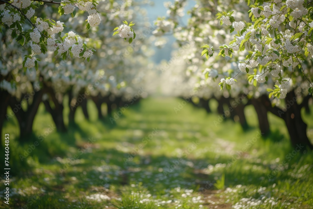 Beautiful blooming gardens of fruit trees. The concept for the development of horticultural farms and small businesses growing non-GMO products.