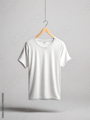 White t-shirt hanging on a wooden hanger Mockup.