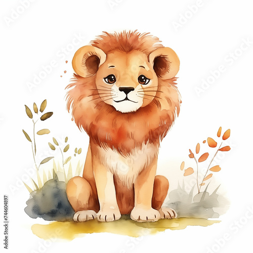 Lion baby watercolor in beautiful style. Animal wildlife holiday cartoon character. Poster design..