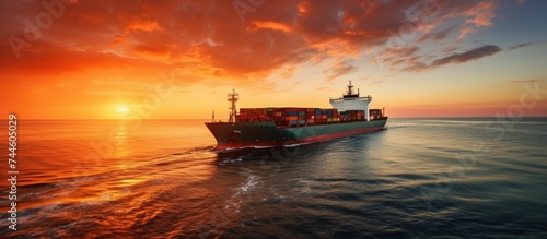 Nautical vessel transporting freight in the ocean during sunset.