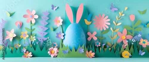 3d abstract paper cut illustration of colorful paper art easter rabbit, grass, flowers and blue egg shape.